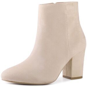Round Toe Chunky High Heels Beige Ankle Boots